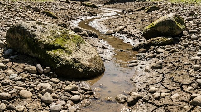 Rocky creek flowing through cracked earth.