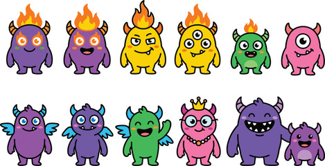 Fototapeta premium Cute Cartoon Monster Characters Set with Fire, Horns, Wings, and Crown for Kids, Halloween, and Fantasy Designs
