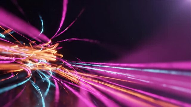 Abstract light streak background with magenta, cyan, orange and purple neon trails sweeping through darkness, creating dynamic long exposure motion, luminous energy and futuristic depth for modern