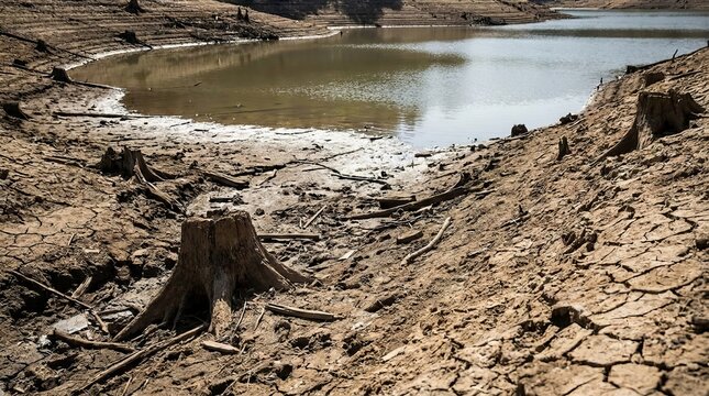 Arid landscape with receding water and cracked earth