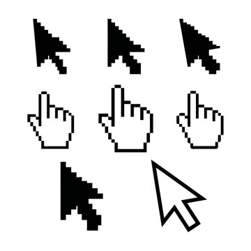 Retro Pixelated Computer Mouse Cursors and Hand Pointers on White Background