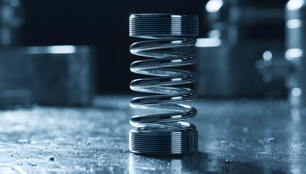 Durable steel coil spring standing upright in industrial workshop. Mechanical engineering and manufacturing hardware component. Metal compression spring reflecting light on metal workbench