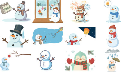 Fototapeta premium Collection of cheerful cartoon snowmen engaging in winter activities and holiday celebrations isolated on transparent background