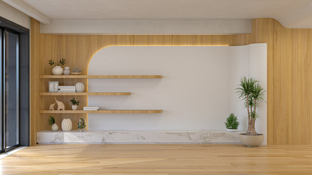 Empty modern living room interior background featuring light wood wall panels, a stylish curved white wall with hidden LED lighting, wooden floating shelves with minimalist decor, and a white marble b