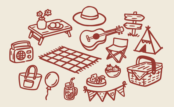 Hand drawn picnic doodle set featuring outdoor activities, food, camping items, accessories, and decorative elements in a simple line art style