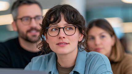 Fototapeta premium Young woman with glasses looks forward while colleagues work in modern office background.