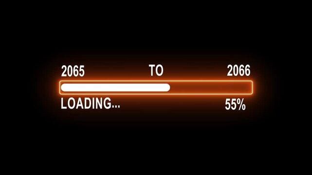 Futuristic loading bar animation: time travel concept from 2065 to 2066 with glowing orange progress indicator