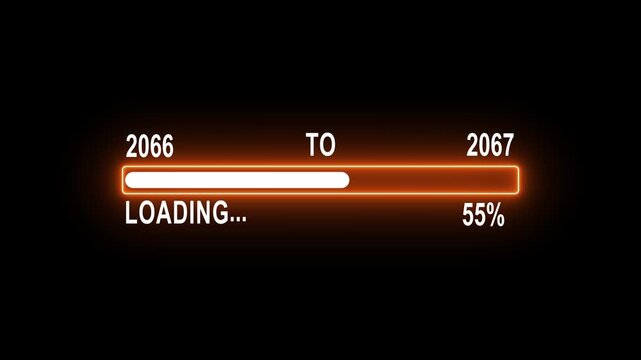 Futuristic loading bar progress animation with year transition from 2066 to 2067 on black background