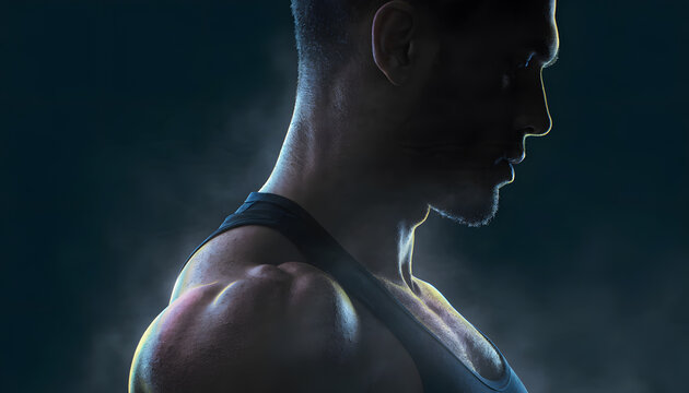 Athletic man side profile and muscular neck shoulder anatomy. Bodybuilder fitness and strength training. Muscular male silhouette standing in dark moody gym light