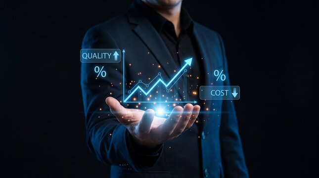 Businessman holding virtual growth chart with rising quality and falling cost symbols for financial success banner.