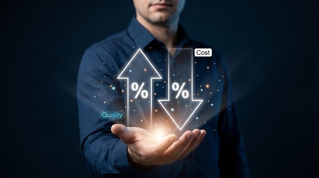 Businessman holding virtual arrows for quality increase and cost reduction for effective business management banner.