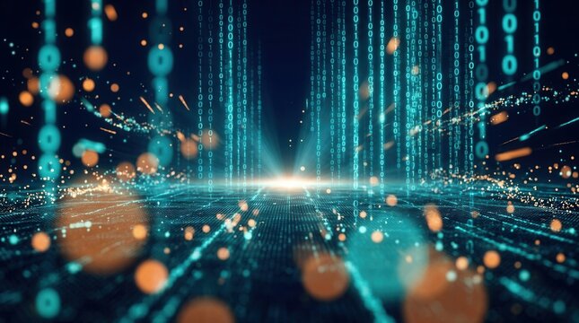 Abstract 3d rendering of digital matrix particles and security background.