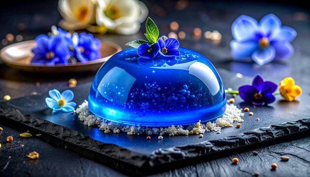 Futuristic Bioluminescent Blue Agar Jelly Dessert Molecular Gastronomy

