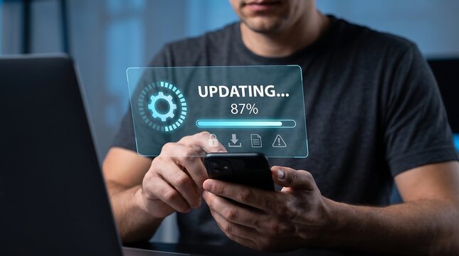 Man using smartphone software update interface futuristic digital progress bar loading for tech website background.
