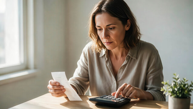 Woman reviews bills while using a calculator. Focused, she checks expenses with careful attention. Soft daylight filters through a nearby window. Simple. Ideal for budgeting, finance