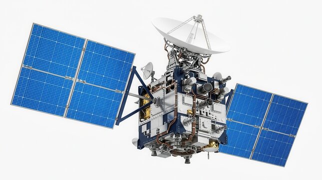 Artificial satellite with solar panels isolated on a white background.