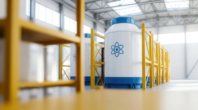 Group of small modular nuclear reactors (SMR) in a bright industrial facility.