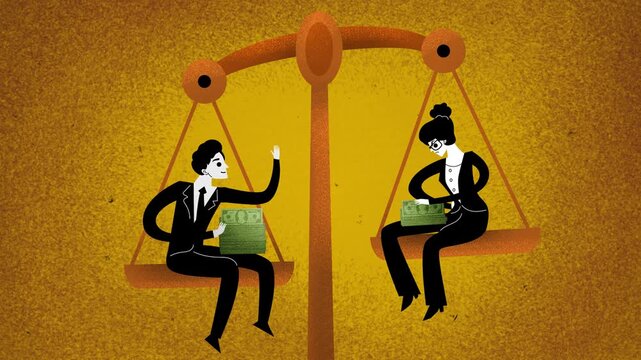 office woman and man on a balance with the man receiving higher pay