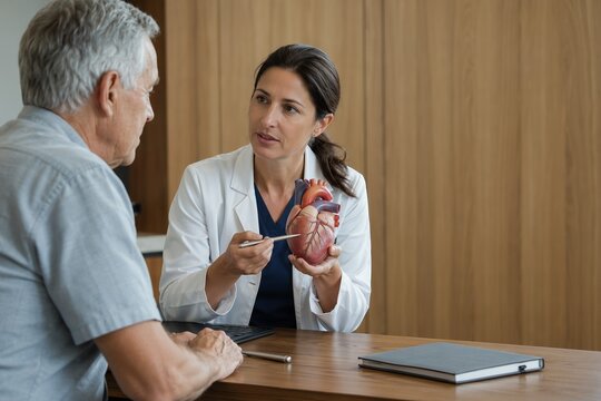 Female Doctor Cardiologist Explaining Human Heart Model To Senior Male Patient During Consultation In Medical Office Concept Of Cardiovascular Healthcare Geriatric Care And Cardiology Disease Preventi