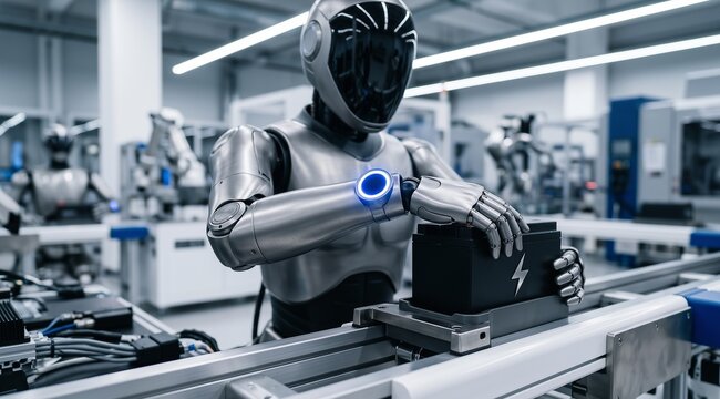 Humanoid Robot Assembling Electric Battery On Automated Conveyor Line In High Tech Smart Factory Concept Of Future Industrial Automation AI Robotics And Energy Storage Manufacturing