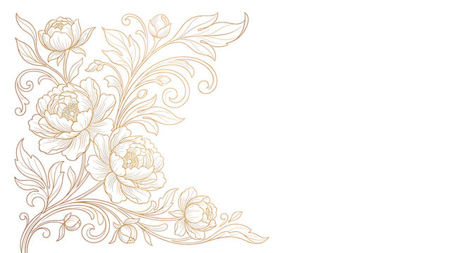 Elegant golden floral corner ornament, handdrawn botanical illustration
