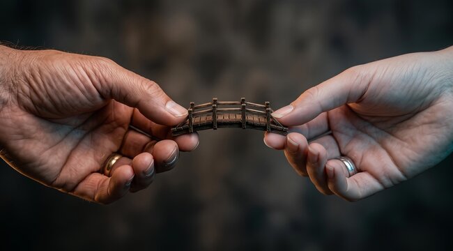 Two Hands Holding Small Miniature Wooden Bridge Concept of Building Bridges Relationship Counseling Conflict Resolution Partnership and Connection
