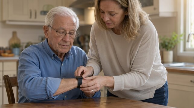Adult Daughter Helping Senior Father Put On Smartwatch with Health Tracking in Home Kitchen, Concept of Elder Care, Smart Aging, Telehealth, and Family Support