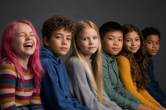 Group of Diverse Multicultural Children Sitting Together in Studio, Concept of Kids Diversity, School Friendship, Inclusion, Children Fashion, and Genuine Emotions