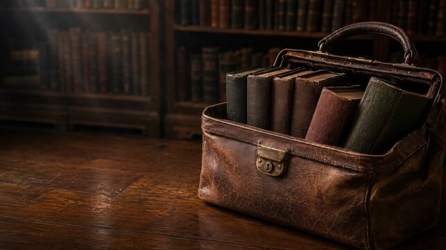Vintage Leather Bag Packed with Old Hardcover Books on Wooden Floor in Dark Library, Concept of Knowledge, Education, Literature, History, and Heritage
