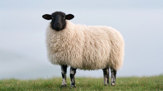 Fluffy Blackface Sheep Standing on Green Grass Hill Against Clear Sky, Concept of Livestock Farming, Natural Wool Production, Rural Life, and Individuality