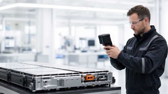 Engineer Inspecting Electric Vehicle Battery Pack with Thermal Camera Scanner in High Tech Factory, Concept of EV Battery Manufacturing, Quality Control, Lithium Ion Battery Testing, and Automotive En