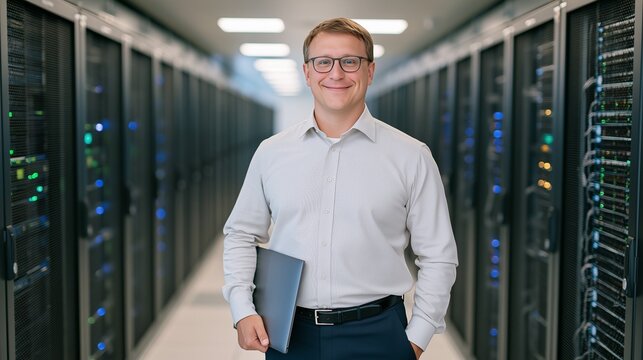 Portrait of Smiling IT Specialist Holding Laptop in Server Room Data Center, Concept of Cloud Computing, System Administration, Network Security, and Tech Support