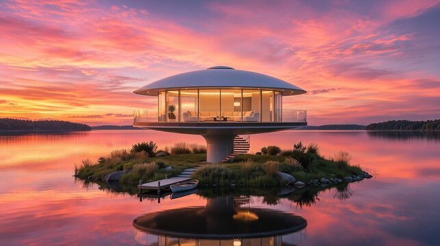 Futuristic Saucer Shaped Luxury House on Private Island at Sunset, Concept of Modern Architecture, Eco Living, Innovative Design, and Exclusive Retreat