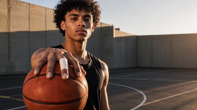 Portrait of Confident Young Male Athlete Holding Basketball on Outdoor Court at Sunset, Concept of Streetball, Youth Sports, Determination, Diversity, and Athletic Training