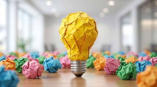 A yellow paper lightbulb idea stands among many colorful discarded crumpled papers.