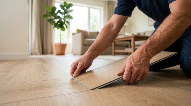 Man's hands installing durable luxury vinyl plank flooring for home improvement.