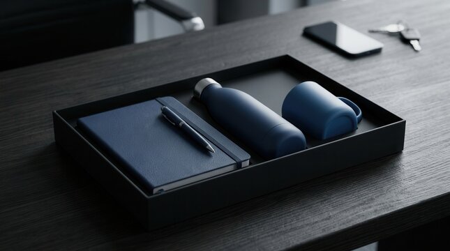 Premium business branding gift kit with a blue notebook, pen, water bottle, and mug in a black tray.