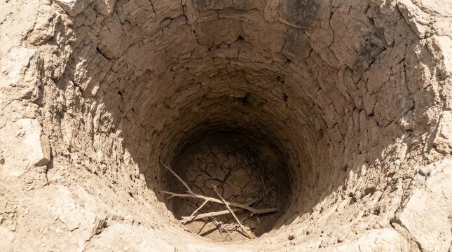 View looking down into a circular hole in dry earth