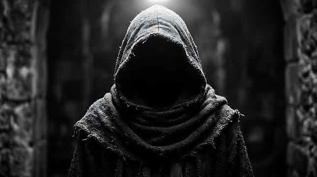 A hauntingly dark and mysterious figure shrouded in a hooded cloak evokes the eerie spirit of halloween night