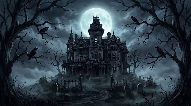 A hauntingly beautiful illustration of a spooky gothic castle silhouetted against a full moon on a dark halloween
