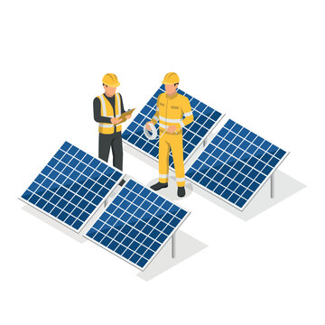 Engineers working with solar panels in isometric style isolated on white background, Vector, illustration