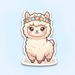 Naklejka premium Cute kawaii baby alpaca wearing a cozy knitted wool hat, isolated on a soft light background, charming hand-drawn animal illustration.