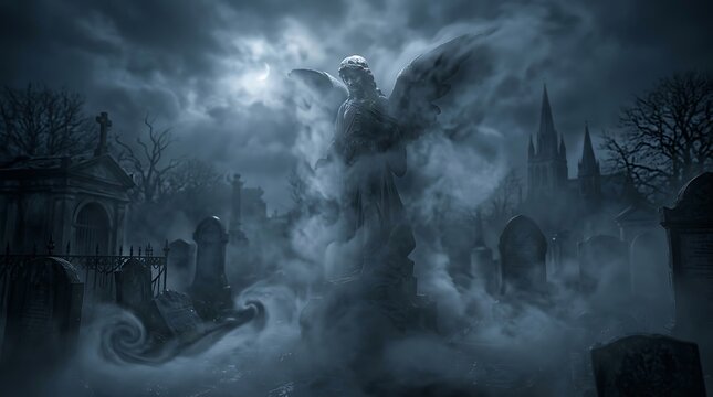 A hauntingly eerie depiction of a spectral figure emerging from the shadowy depths of a chilling halloween night