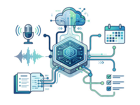 Artificial intelligence processing various digital inputs and outputs connected system transparent background