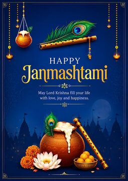 Happy Janmashtami Festival Greeting with Golden Flute, Peacock Feather and Butter Pot