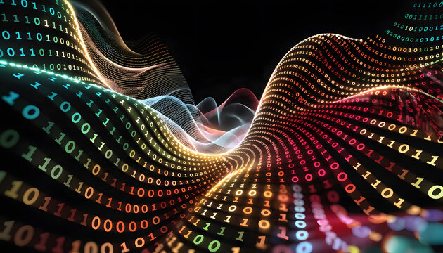 Dynamic wave of binary numbers and digital data flow. Information stream and cybersecurity network. Glowing digits moving in wave pattern across dark digital space