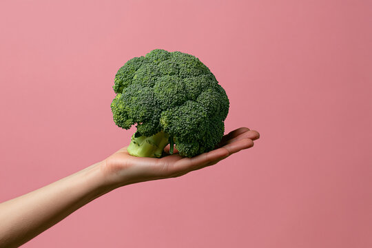 A fresh green broccoli head held gently in an open hand against a solid pink background. Healthy nutrition concept for modern wellness campaigns.