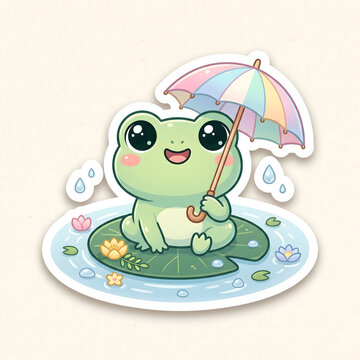 Adorable green baby frog sitting on a lily pad surrounded by small flowers, illustrated in a playful kawaii style.