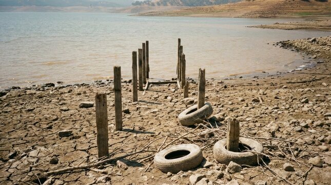 A line of weathered wooden posts and tires on a muddy waterfront.