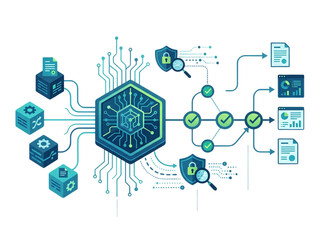 Obraz premium Modern data processing workflow with blockchain security and analytics visualization transparent background